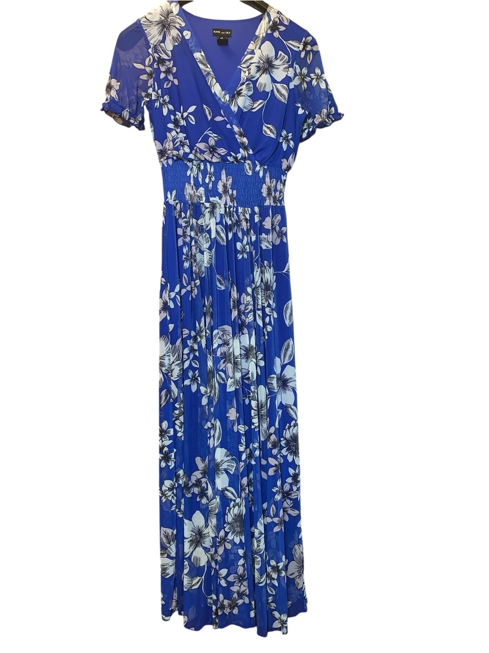 Royal Cobalt Blue Floral V-Neck Mesh Stretchy Maxi Dress Garden Girl Puff Sleeve